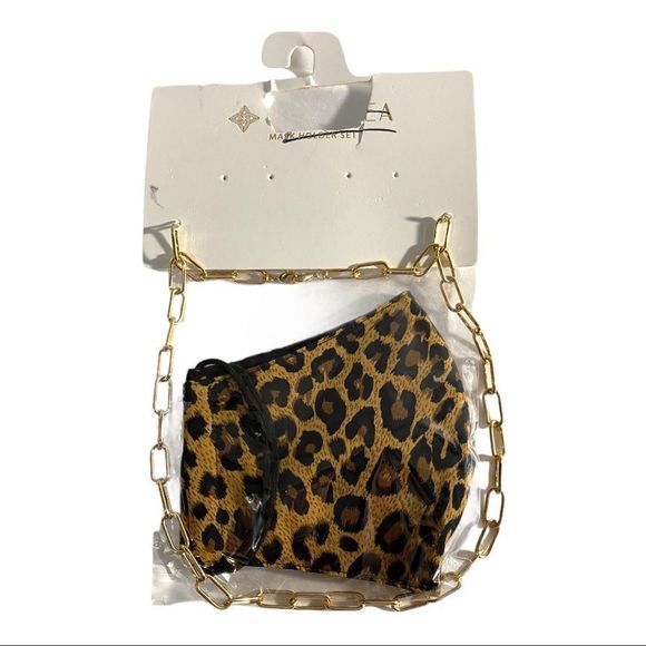 Panacea mask and gold chain holder set leopard print cotton NEW - Picture 1 of 1